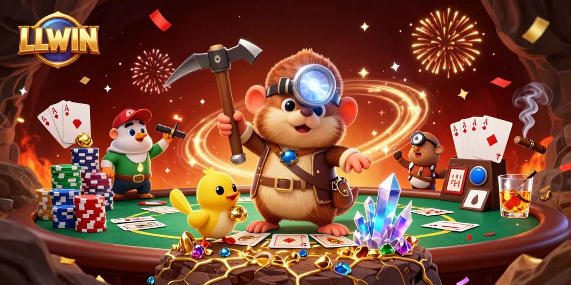 LLWIN's treasure hunter mole and canary seek jackpot gems in a vibrant casino scene.