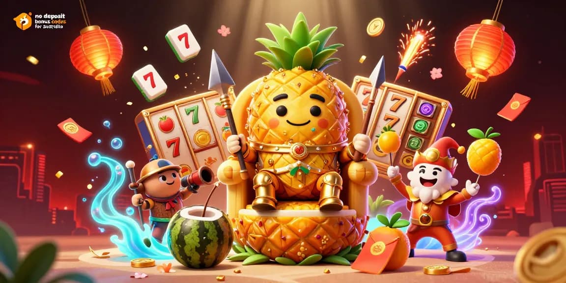 No deposit bonus codes for australia illustrated with a golden pineapple king, casino elements, and vibrant action.