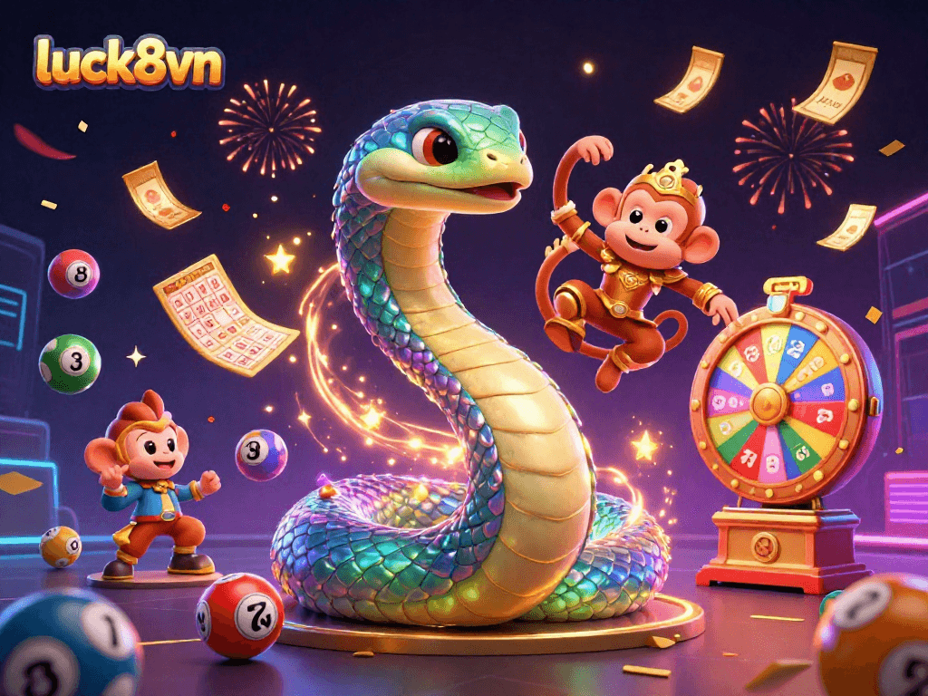 Engage with luck8vn through vibrant lottery and gaming excitement, featuring colorful elements and characters.