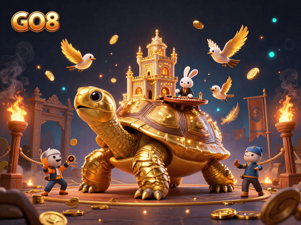 Engage with GO8's dynamic gaming scene featuring a golden tortoise casino and rabbit dealer.