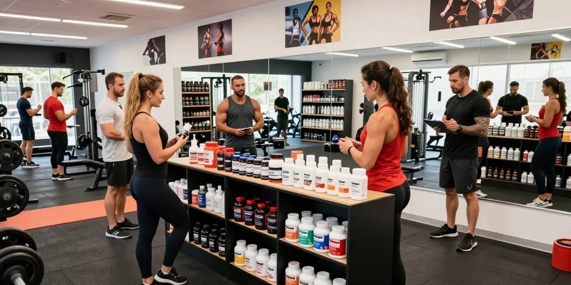 Dynamische Diskussion über anabole Produkte im Anabolika Shop Deutschland, mit Bodybuildern und Fitnessausrüstung in einem lebhaften Fitnessstudio.