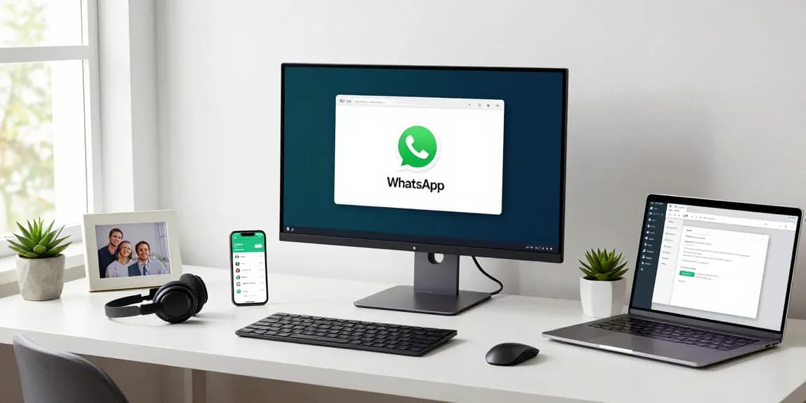 Professional workspace showcasing WhatsApp電腦版 on a large screen with ambient lighting.