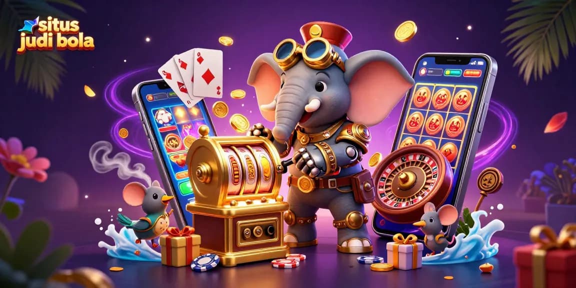 Engage in situs judi bola with a dynamic steampunk elephant operating a golden slot machine amidst thrilling gaming elements.