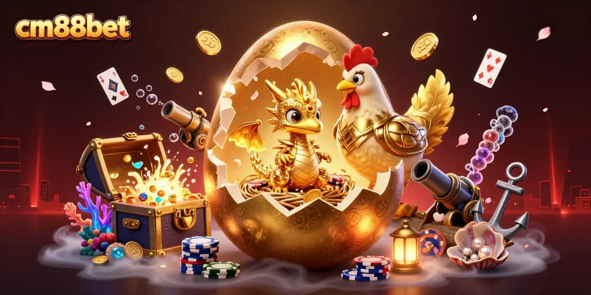 Experience exciting wins at cm88bet with golden dragon guarding poker chips and casino elements.