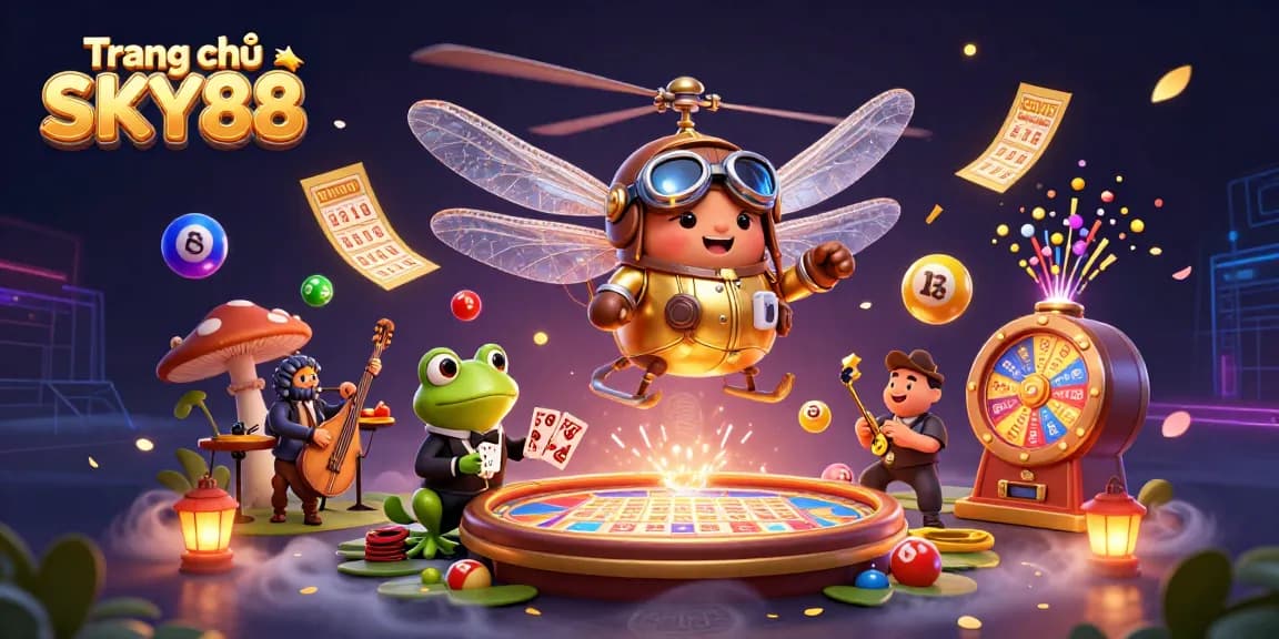 Engage in a thrilling scene with Trang chủ SKY88, featuring a vibrant lily pad casino and dynamic gambling elements.