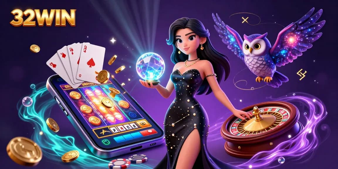 Spin and win at 32WIN with a dynamic casino scene featuring vibrant slot games and stunning characters.