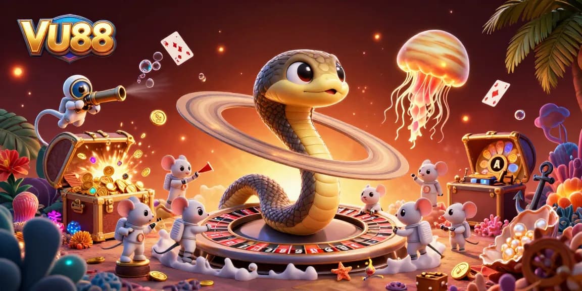 Experience the thrill of VU88 with a cosmic dealer and vibrant gambling characters.