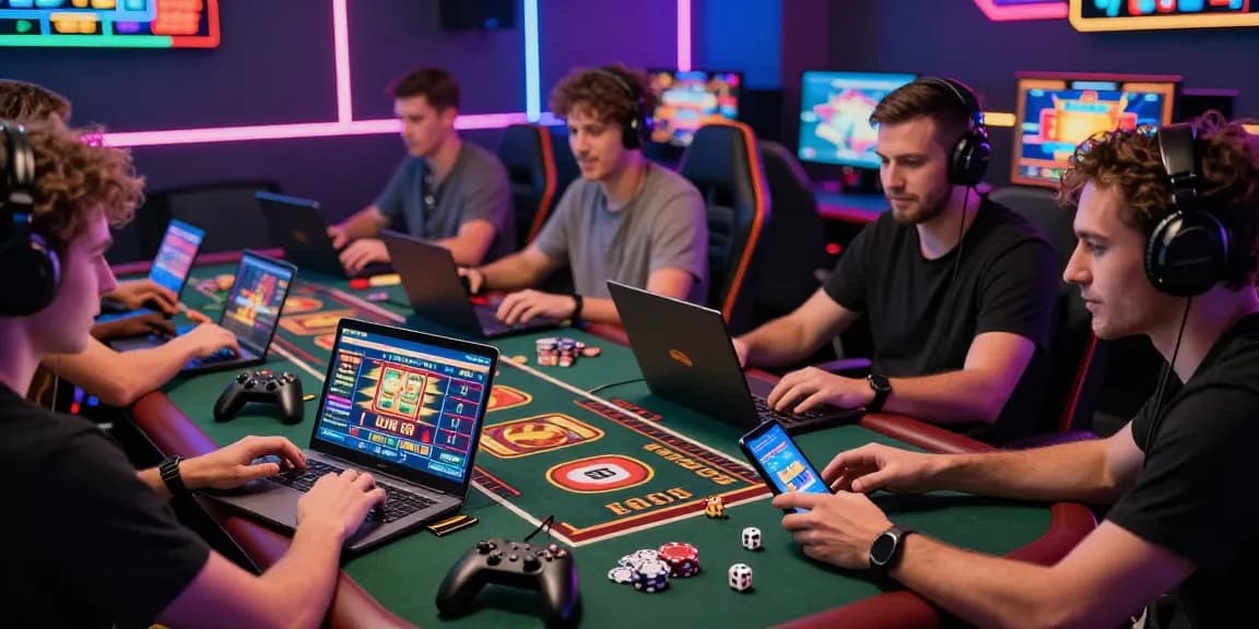 BazaWin players enjoying an exciting gaming experience in a vibrant lounge with slots, poker, and live casino.