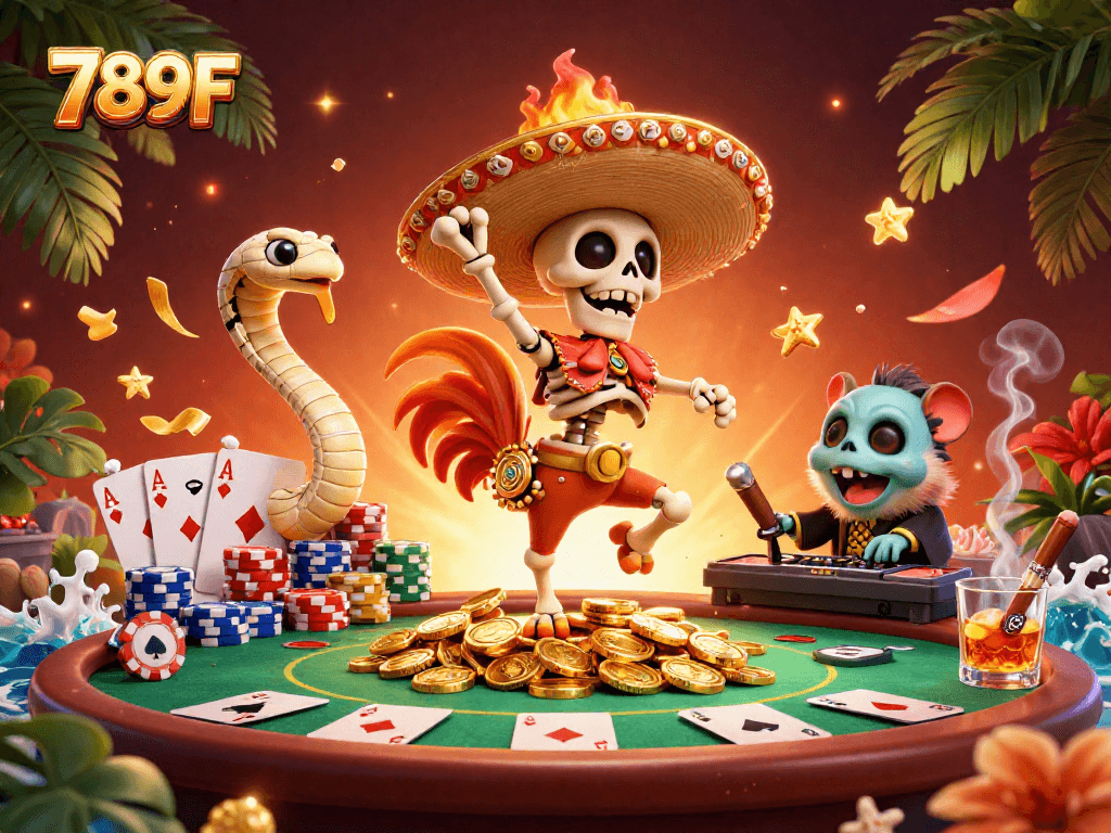 Engage with 789F's vibrant gaming scene featuring characters amidst poker chips and a festive backdrop.
