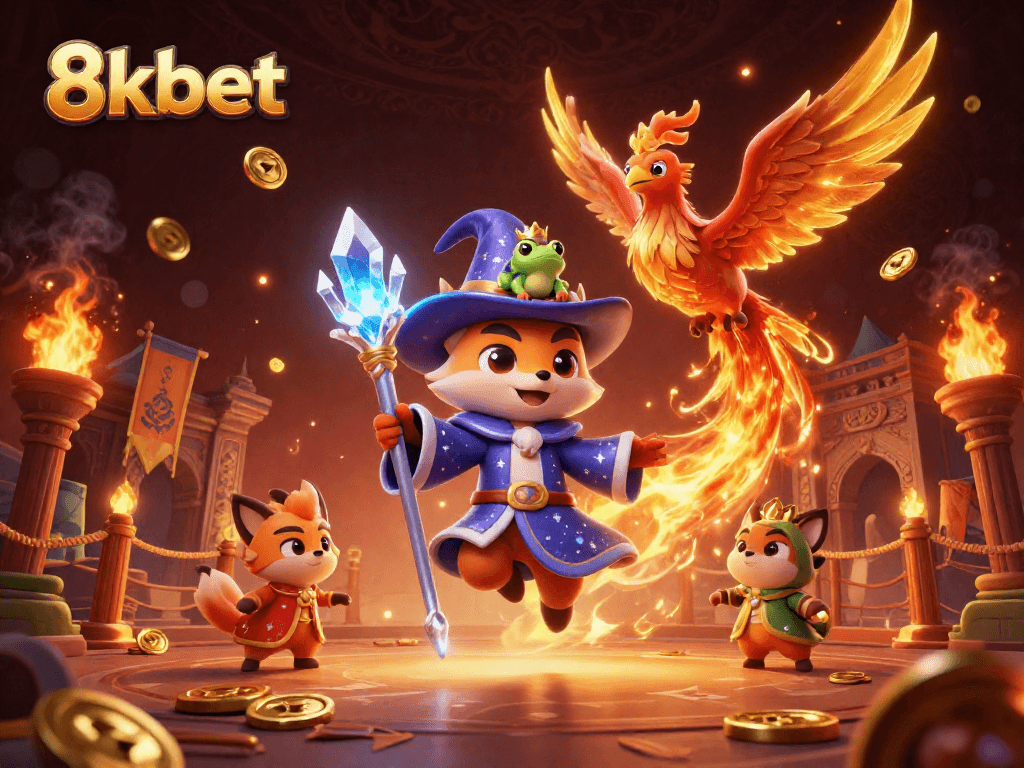 Engage with dynamic 8xbet action featuring a wizard fox, phoenix, and a crown frog in an enchanting casino scene.