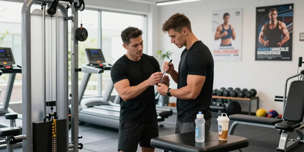 Koi tesamorelin Canada showcased in a dynamic gym scene with an athlete injecting for muscle recovery and health.
