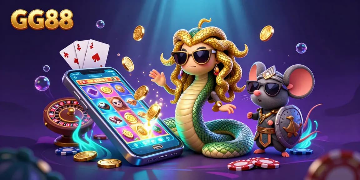 Experience exciting gaming with GG88's vibrant visual scene featuring a Medusa, mouse warrior, and dynamic slot game elements.