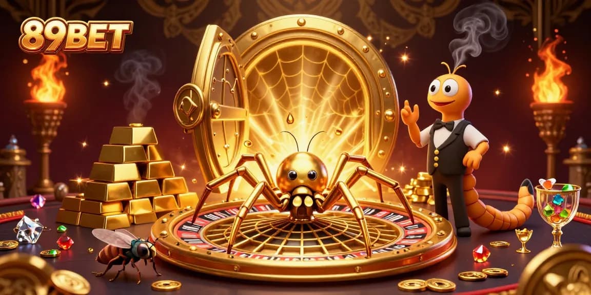 Experience exhilarating gameplay at 89BET with a golden spider roulette scene embodying thrilling bets and big wins.