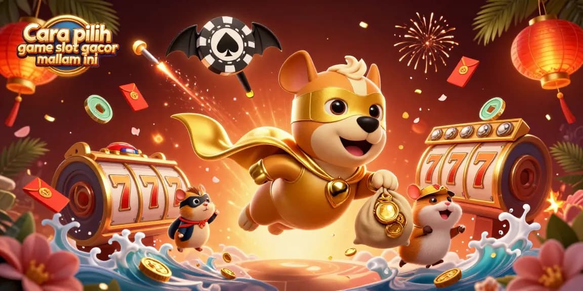 Explore cara pilih game slot gacor malam ini with a cartoon superhero dog and vibrant casino elements.