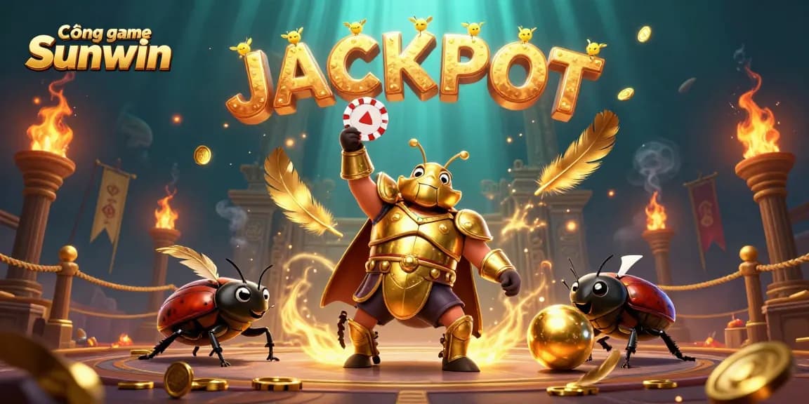 Cổng game Sunwin: Hercules beetle triumphantly lifting a poker chip amidst a vibrant gambling scene.