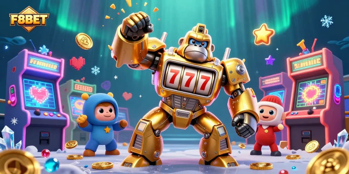 Engage with the vibrant F8BET gaming scene featuring a golden gorilla mech and arcade dynamics.