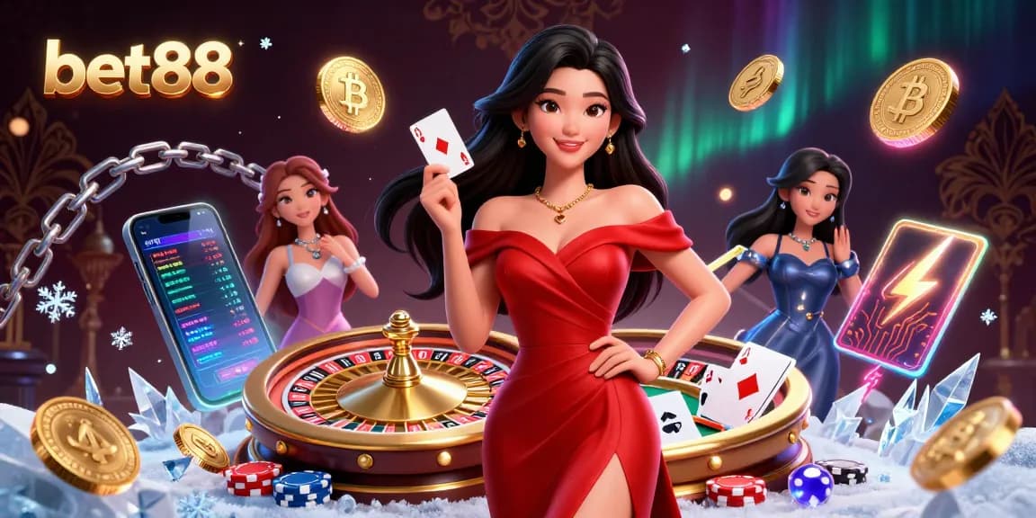 Experience bet88's vibrant casino offerings with a stunning Asian woman holding a golden card.