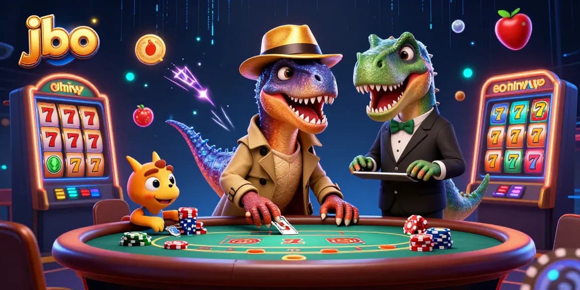 Engage with jbo at the casino as a dinosaur card counter strategizes amidst vibrant slot machine elements.