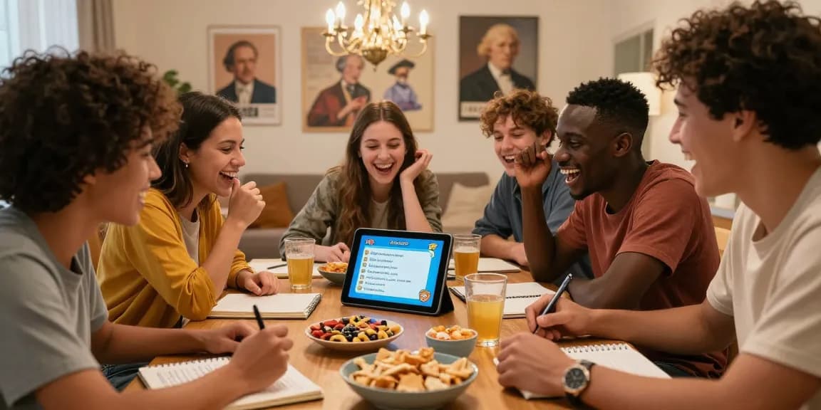 Besucher genießen Quiz Allgemeinwissen in gemütlicher Runde, umgeben von Snacks und Notizen.