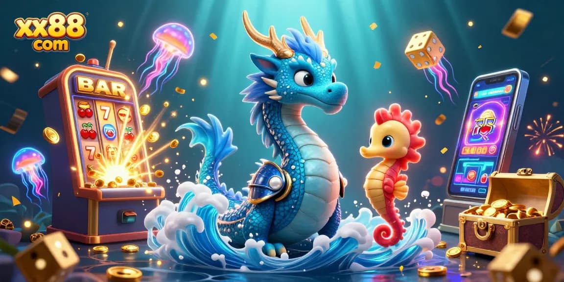 Experience excitement at xx88 com with a vibrant underwater casino scene featuring a dragon and jackpot!