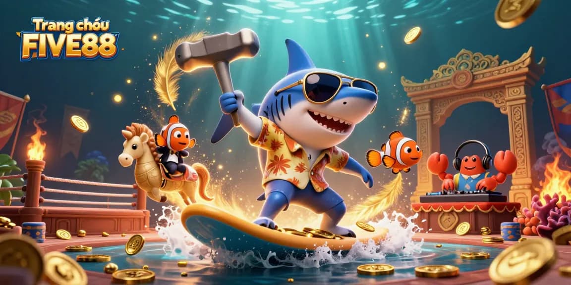 Experience thrilling adventures on Trang chủ FIVE88 with a cartoon shark surfing gold coins in a vibrant casino scene.