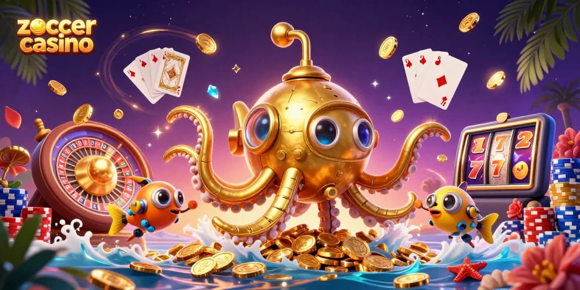 ZoccerCasino bietet eine fesselnde Atmosphäre mit goldenen Münzen und Spielautomaten, ideales Erlebnis für Spieler.