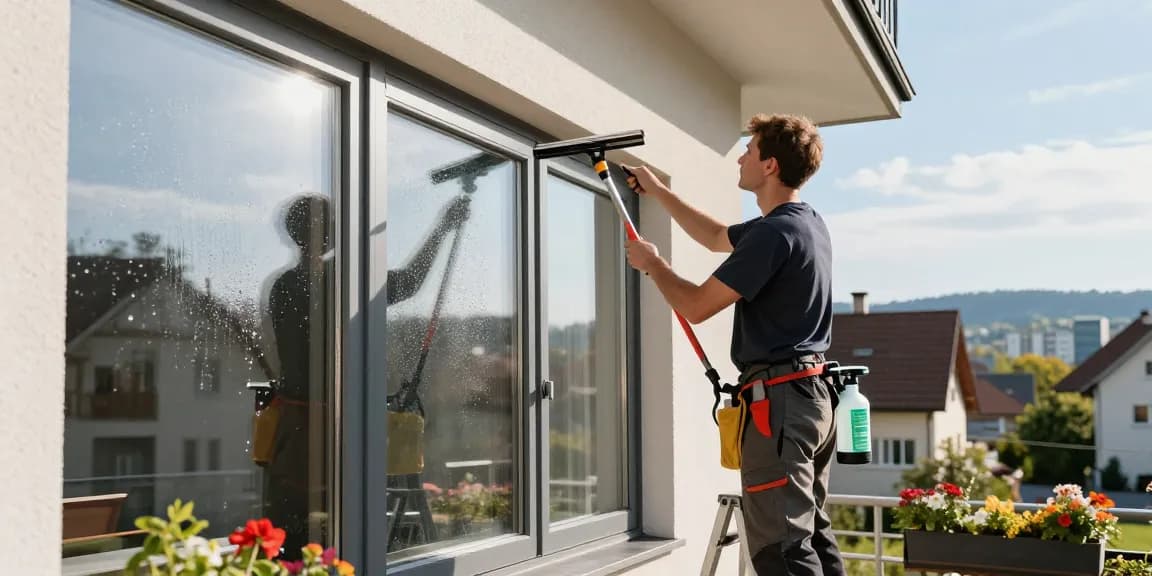 Expert fensterreinigung solothurn demonstrated by a window cleaner using eco-friendly solutions on a bright urban home.
