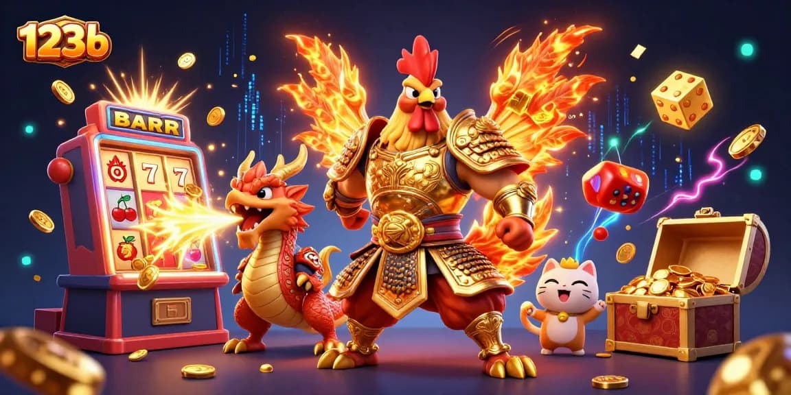 Experience thrilling moments at 123b with cartoon gaming characters amidst slot machines and sparkling treasures.