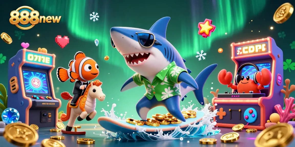 Engage with the vibrant casino world of 888new featuring a unique 3D shark and friends enjoying gold coins.