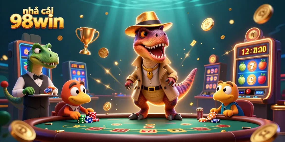 Engage with the thrilling action at nhà cái 98win featuring dynamic cartoon characters in a lively casino scene.