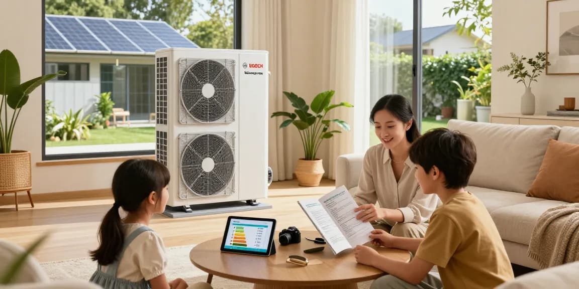 An engaged family reviews wärmepumpe bosch energy solutions in a bright living room, emphasizing modern eco-friendly living.