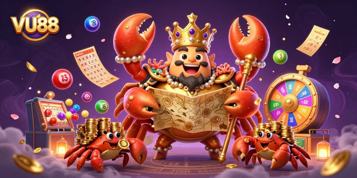 Engage in thrilling gameplay at VU88 and win with vibrant lottery elements and a grand golden crab emperor.