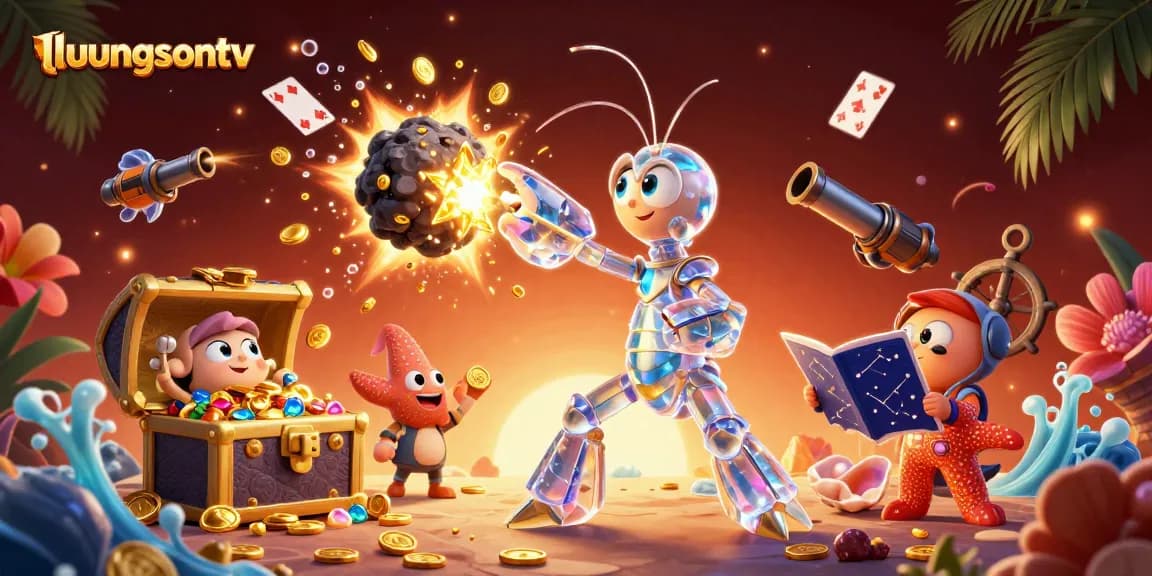 Experience thrilling action on luongsontv with a striking 3D illustration of a galactic mantis shrimp and starfish in a stunning casino scene.