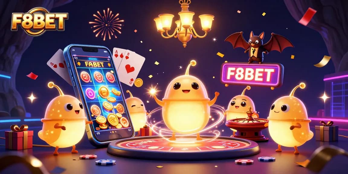 Engage with F8BET's vibrant online casino scene featuring glowing worm dealers and dynamic gaming elements.