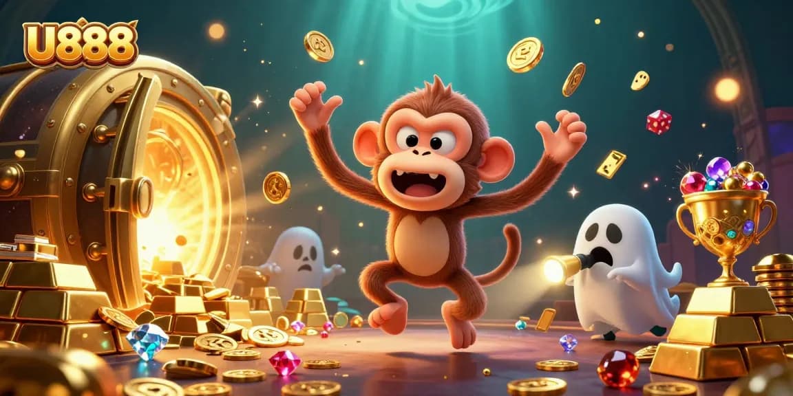 Experience thrilling gameplay at U888, where a playful poltergeist monkey and ghost-hunter puppy navigate a treasure-filled haunted casino.