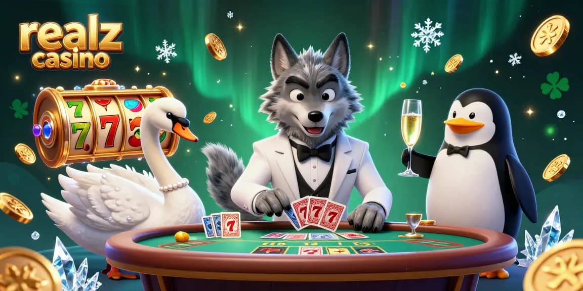Experience the excitement at realz casino with a vibrant 3D illustration showcasing a debonair wolf, elegant swan, and penguin sommelier.