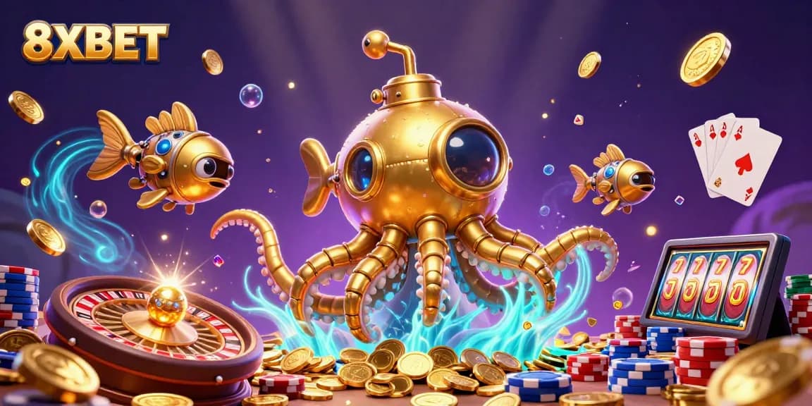Experience thrilling casino action with 8XBET's vibrant underwater treasure illustration, showcasing dynamic gaming elements.