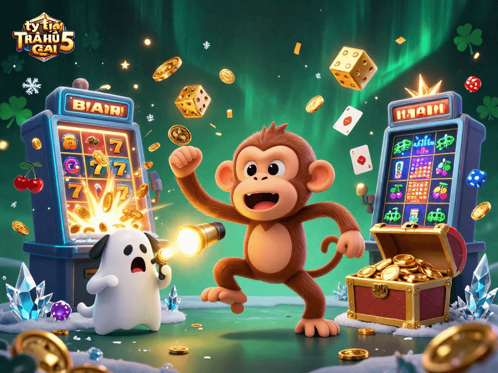 Experience thrilling tỷ lệ kèo nhà cái 5 action in a vibrant casino scene with playful characters.