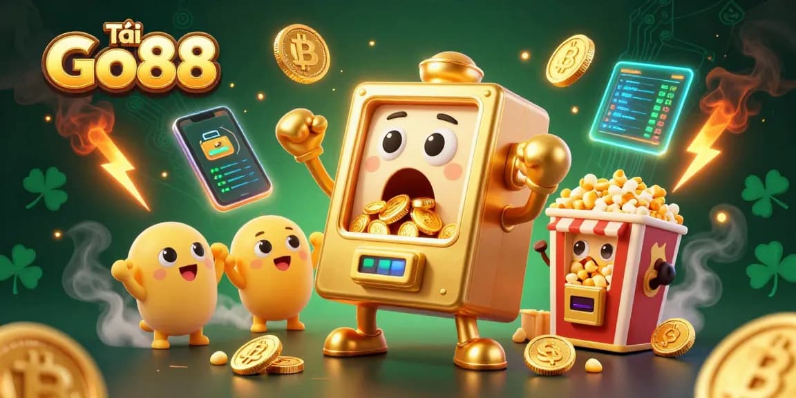 Tải Go88 video slot experience showcasing a gold slot machine hitting a jackpot amidst floating crypto elements