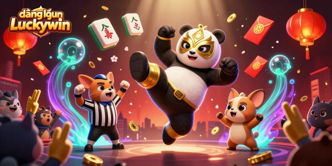 Experience thrilling entertainment with đăng nhập Luckywin as the panda wrestler and lively crowd engage in a dynamic casino scene.