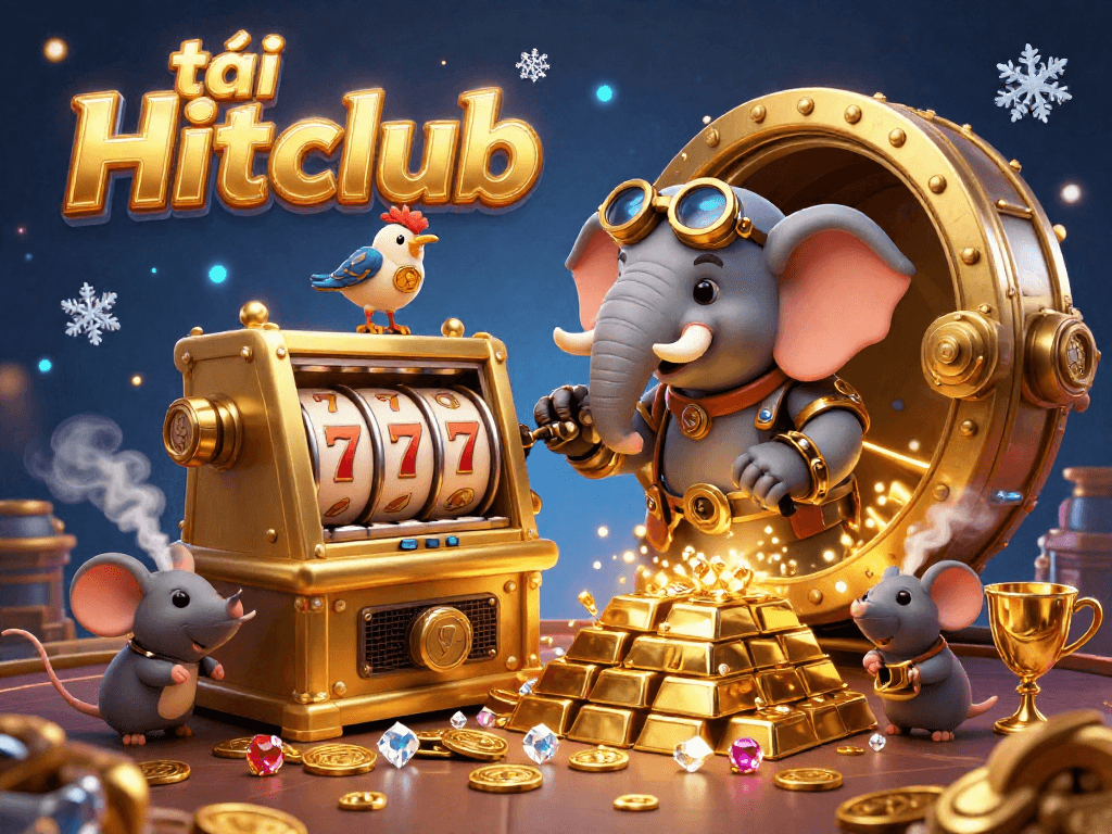 Spin the exciting golden slot machine at tải Hitclub where treasures await in a lively casino scene.