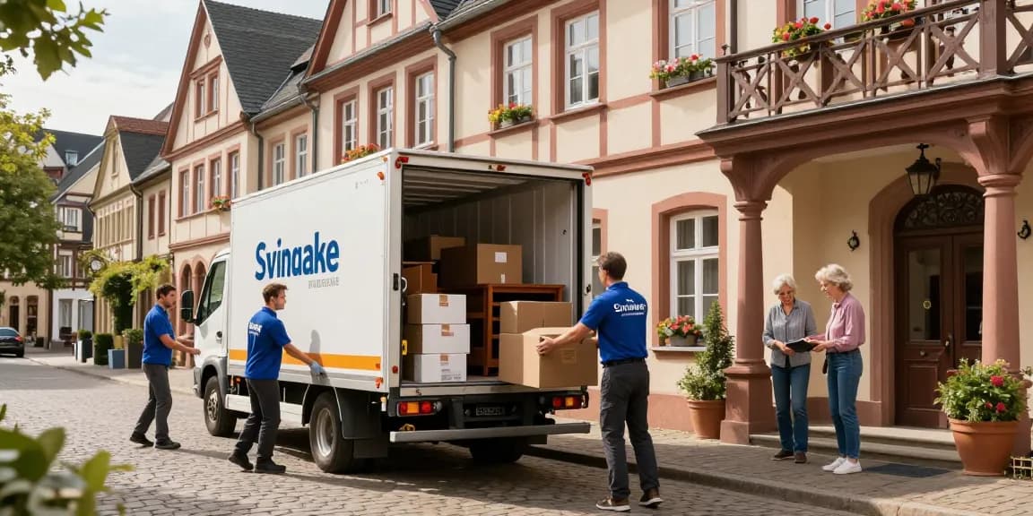 Umzugsunternehmen Speyer, professionelle Umzugshelfer laden Möbel in einen Umzugstruck vor historischem Gebäude.