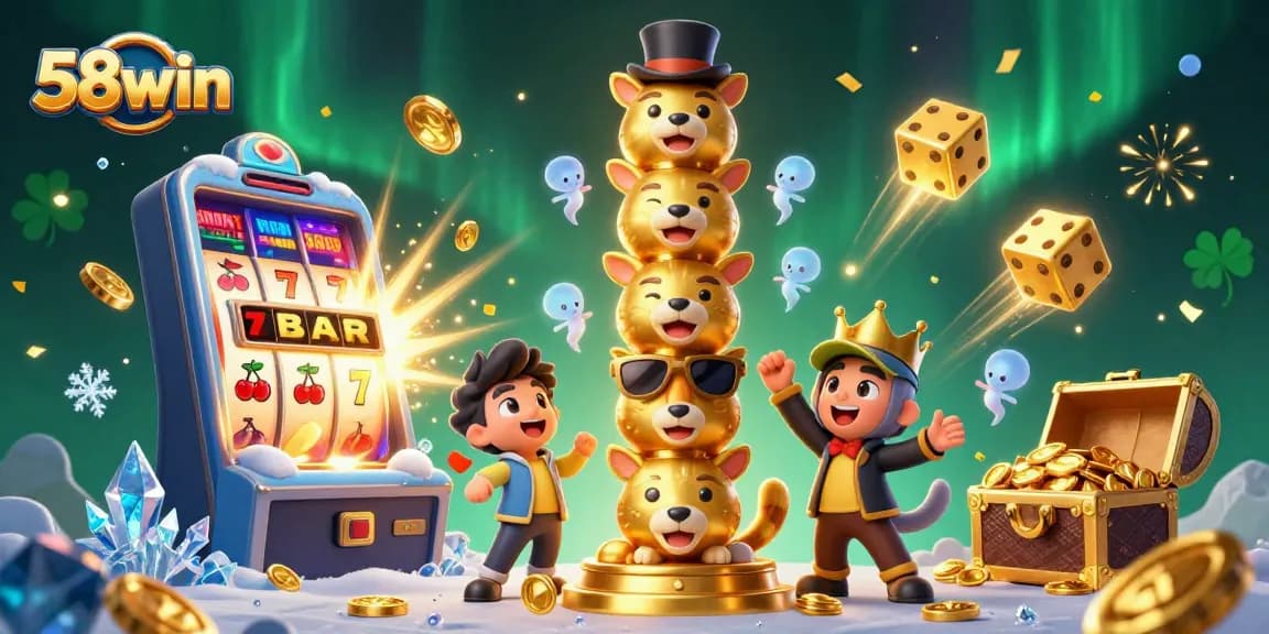 Experience the thrilling world of 58win with a vibrant 3D casino illustration packed with excitement.