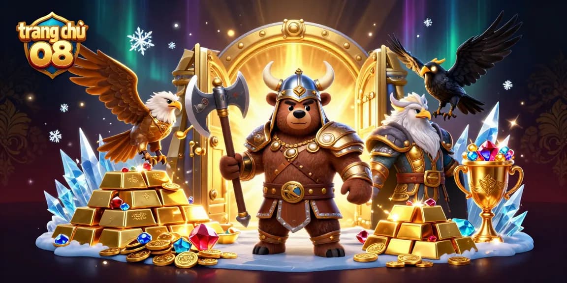 Exciting gaming adventure on trang chủ o8 with Viking bear, Valkyrie eagle, and treasure galore.