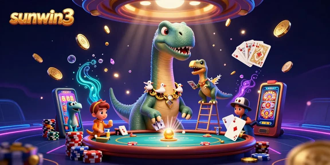 Experience the excitement of sunwin3 as the brontosaurus watches the card game unfold in a vibrant casino.