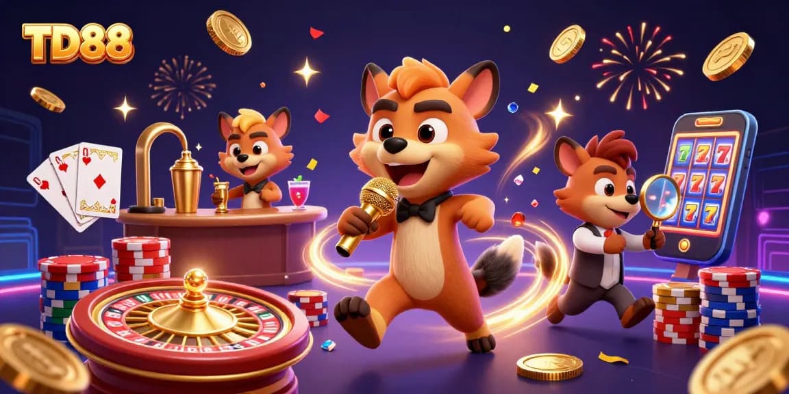 Experience the excitement of TD88 casino with hyenas entertaining and celebrating amidst vibrant gaming elements and gold coins.