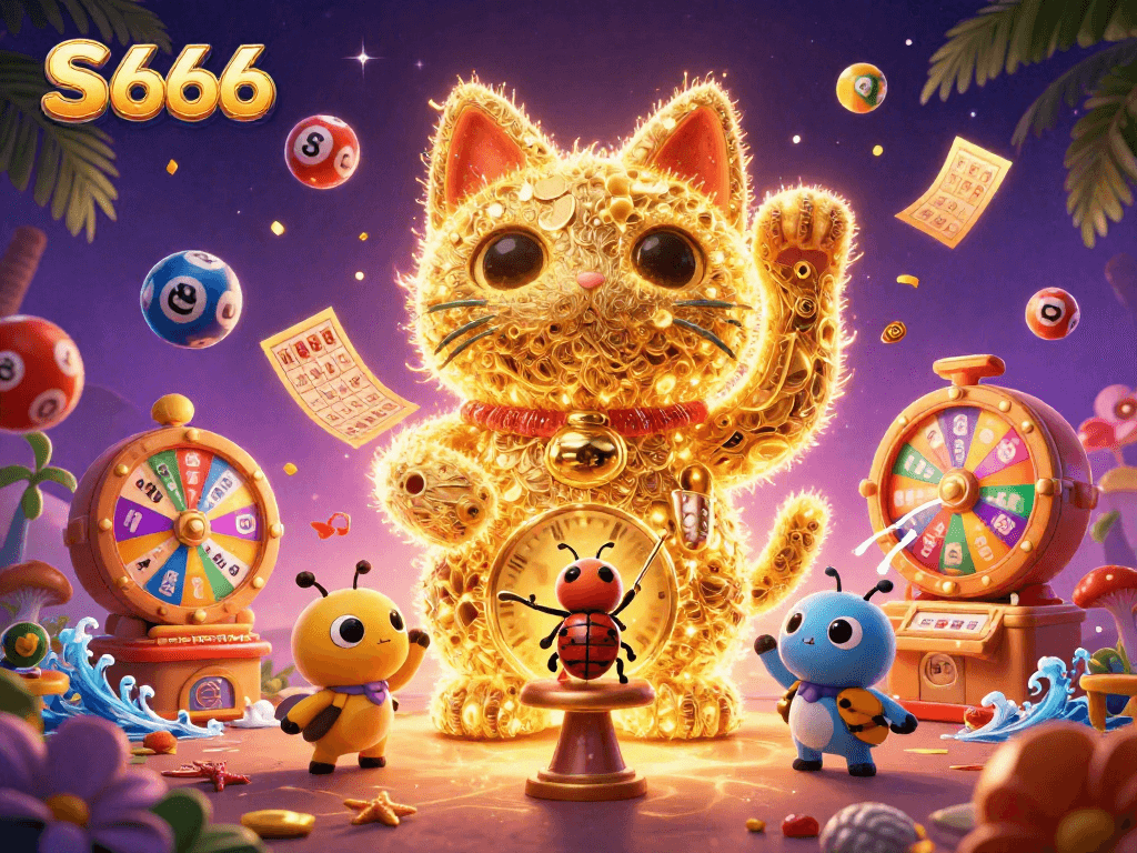 Experience vibrant action in S 666 as the lucky cat waves amidst colorful lottery elements.
