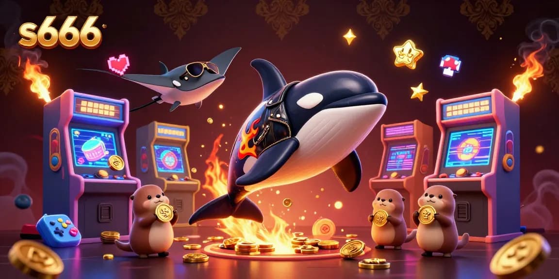 S666 gaming adventure featuring 3D cartoon characters and colorful casino elements with golden coins.