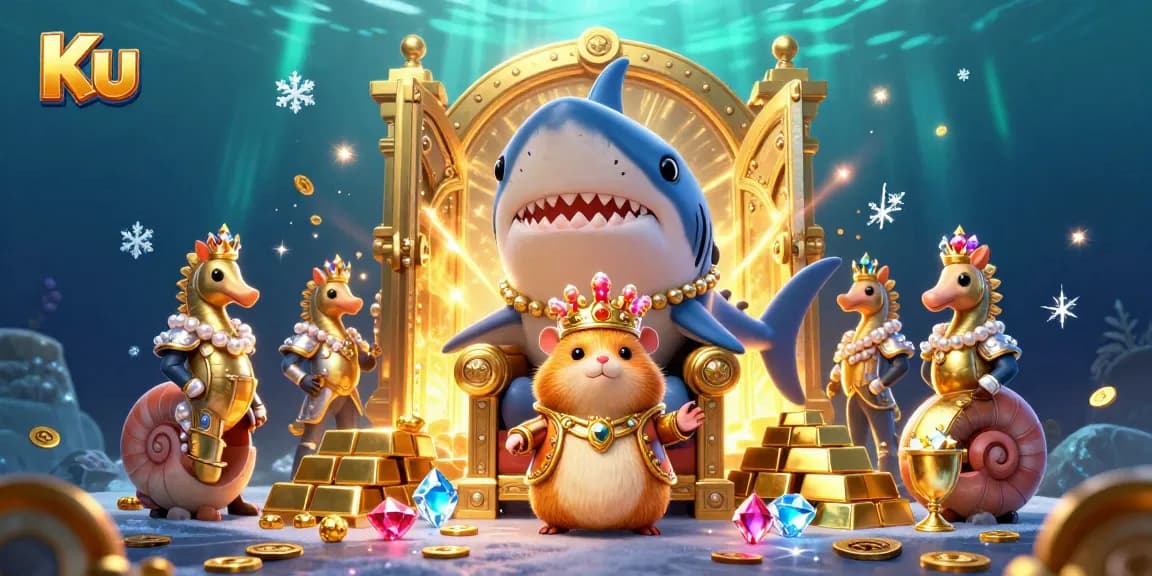 Win big with Ku's vibrant casino throne illustration featuring a golden hamster king and treasures.