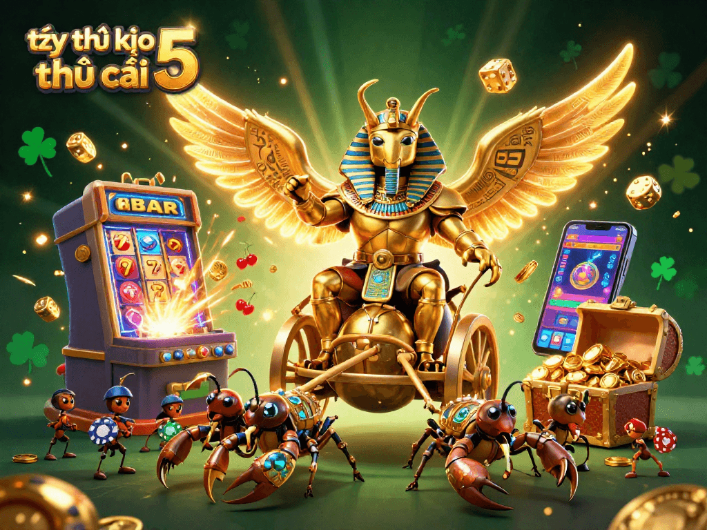 Tỷ lệ kèo nhà cái 5 showcases energetic casino elements in 3D art with a scarab beetle and jackpots.